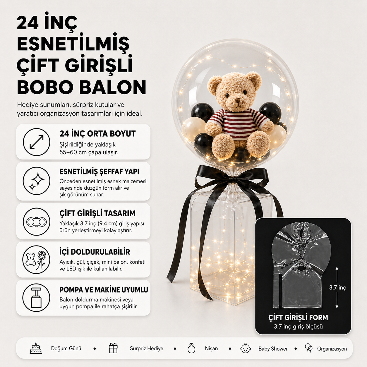24 İnç Esnetilmiş Tek Girişli Geniş Ağızlı Bobo Balon (1 Adet)